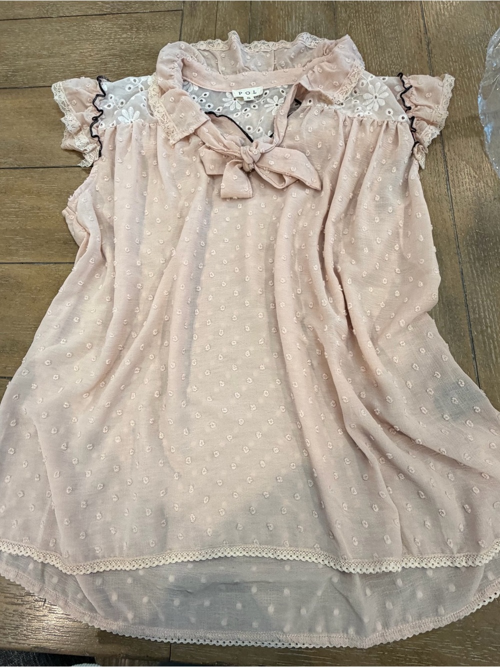 POL Blush Swiss-Dot Tie-Neck Blouse with Lace Yoke